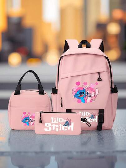 3pcs/Set Large Capacity Student Backpack Set, Cartoon College Style Nylon Backpack With Adjustable Shoulder Straps, Including Handbag And Pencil Case, Lightweight Design, Washable, Zipper Closure, Durable, Suitable For School, Commuting, Travel, Work