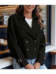 Women's Double Breasted Cropped Trench Coat - Raglan Sleeve Office Work Coat With Pockets Chic Formal Outfit - 黑色 - 查看 2
