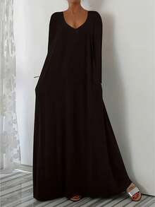 Plus Size Women's Spring/Summer New Casual Loose Daily Long Sleeve Solid Color V-Neck Fitted Maxi Dress Elegant Black - Black - View 1