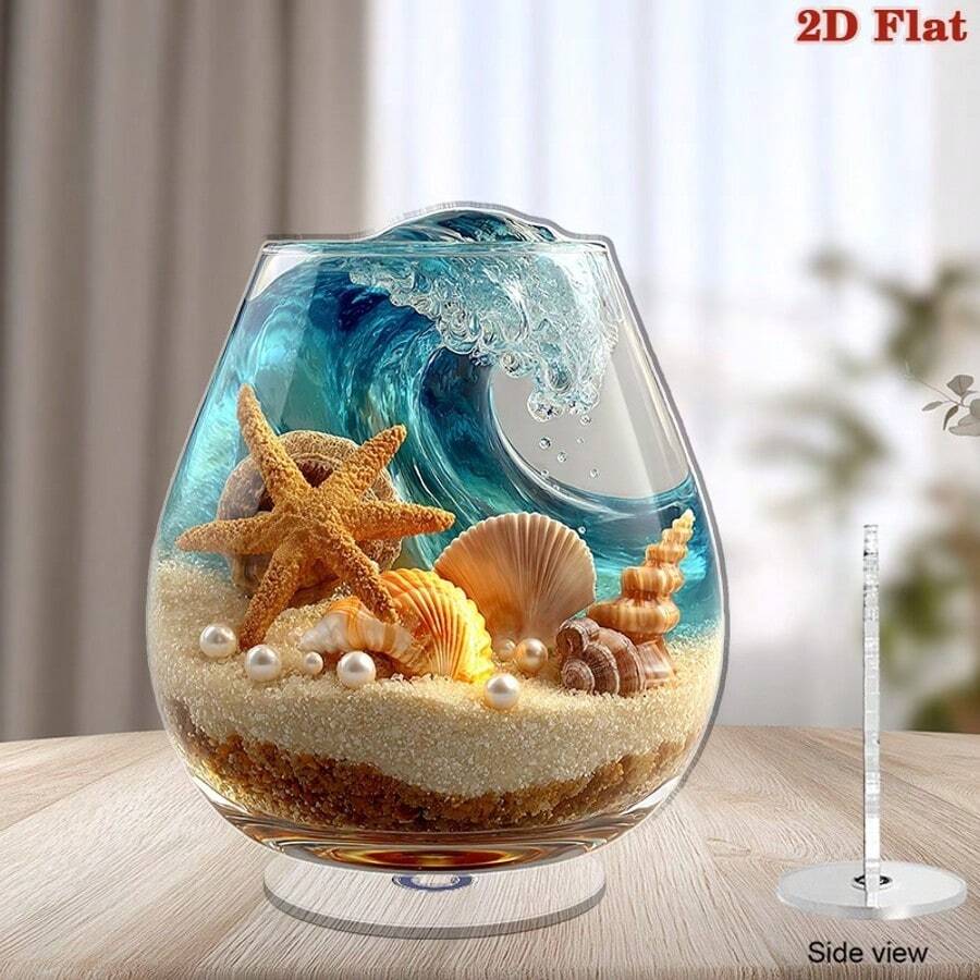 2D旋转亚克力桌面摆件，海浪、贝壳和海星设计 - 夏季假日海滨家居装饰，无需电源 - 彩色 - 查看 1