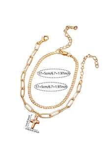 2pcs Classic Plaid Paperclip Bracelet, Copper Inlaid Cubic Zirconia Cross Pendant Double-Layer Stacking Bracelet Set, Suitable For Men's Daily Outfit Accessories - Yellow Gold - View 6