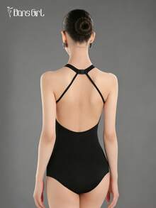 DonsGirl 一件装女士法式芭蕾舞紧身衣 - 露肩领口，弹性网纱拼接，优雅舞蹈表演服 - 黑色 - 查看 5