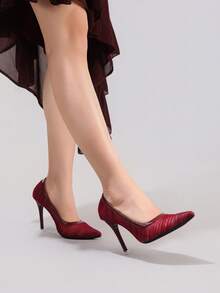 时尚蕾丝拼接高跟鞋，性感尖头超高跟派对婚礼鞋，细跟酒红色女式高跟鞋 - 酒紅色 - 查看 9
