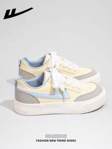 1双 WARRIOR 女士厚底系带软底休闲鞋，夏季低帮户外平底鞋，圆头低跟防滑纯色优雅软底徒步鞋，适合学生毕业照，女士低帮皮质运动鞋 - 黃/灰/淺藍 - 查看 7