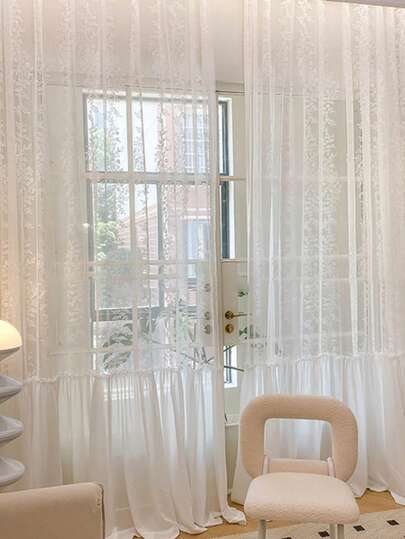 French Romantic White Lace Patchwork Embroidered Tiny Floral Sheer Voile Curtain, Multi-Functional Top Hooks, High-Quality Soft Draping Thermal Insulation, No Lining, Washable, For Living Room, Bedroom, Balcony, Apartment, Bay Window, Home Decor, Partition Curtain