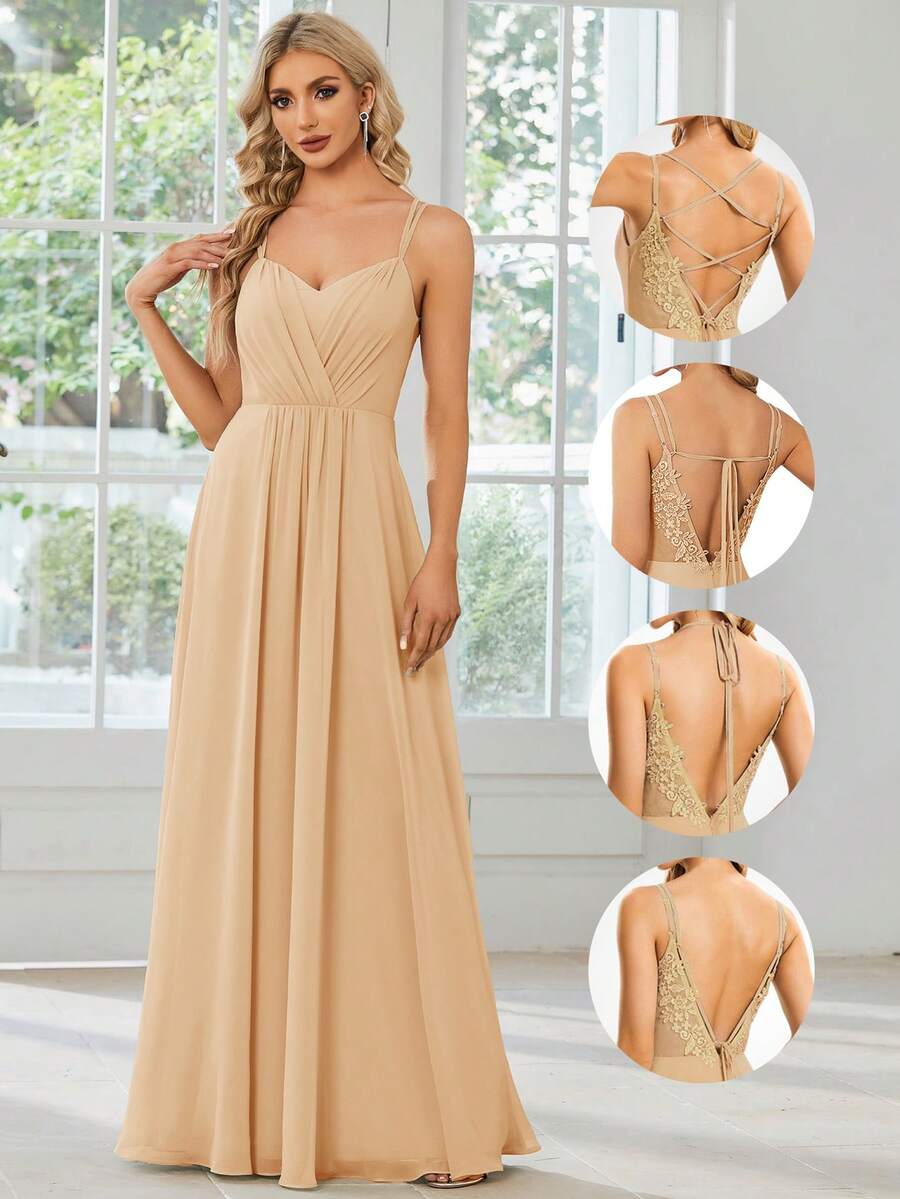 EVERPRETTY Vestido de dama de honor minimalista de unicolor con pliegues y espalda cruzada para boda de primavera