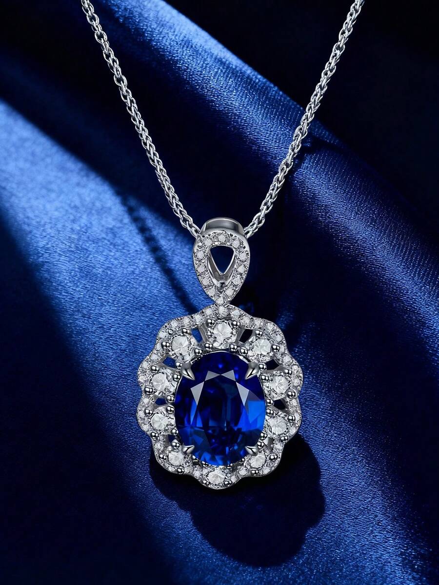 1pc S925 Silver Blue Diamond Floral Framed Pendant Necklace, With Large Oval Blue Diamond Center, Surrounded By Floral Pave Diamond Design And Hollow Details, Luxurious And Elegant Style Suitable For Formal Occasions And Important Dates - Silver - View 1
