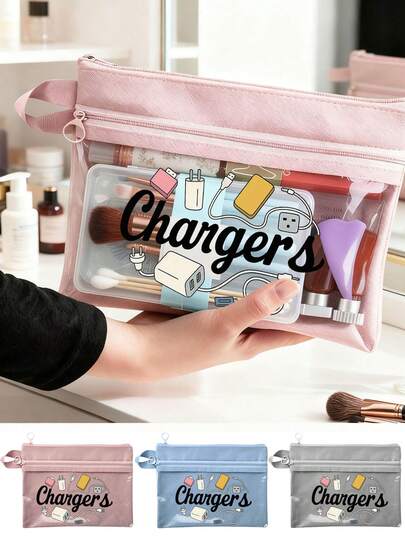 新款充电器图案收纳袋，数码收纳包，多功能化妆包，饰有彩色科技图标，适用于移动电源、数据线和电子配件 - 男女通用科技礼品，线缆整理器