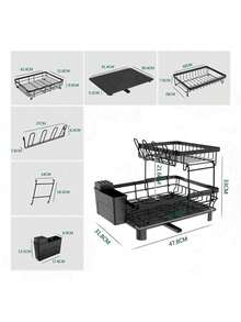 Escurreplatos de doble capa con bandeja de goteo y rotación de 360° que ahorra espacio en la encimera. Incluye escurridor, soporte para cubiertos, portavasos y boquilla giratoria ajustable. - Negro - Ver 3