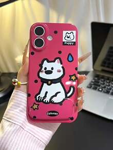 1pc Pink Faux Leather Cute Sweating Dog Cartoon Phone Case With 3D Invisible Mirror Stand, Compatible With IPhone 11/12/13/14/15/16/17/Pro Max - Hot Pink - View 3