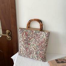 小众设计竹编结手提包，女士校园午餐包，新款花卉图案通勤包，旅行包 - 彩色 - 查看 18