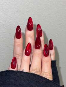 美感血红色水晶猫眼按压式美甲贴片，长款杏仁红色猫眼亚克力假指甲，适合女性和女孩日常佩戴，锐舞派对美甲用品 - 紅色 - 查看 6