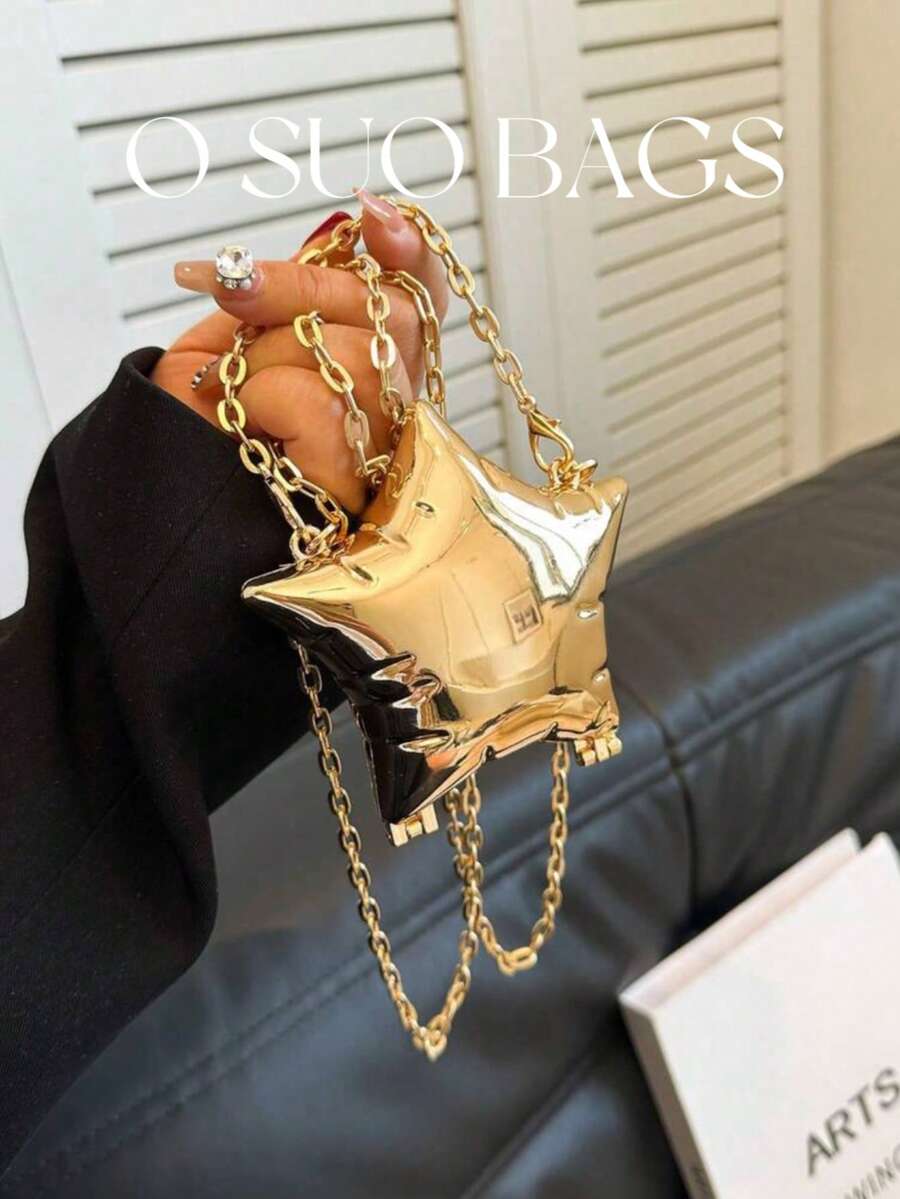 1pc Mini Metal Pouch, Electroplated Silver Coin Purse, Shiny Avant-Garde Metal Star Shape Handbag With Chain Shoulder Strap, Unique Shaped Clutch, Jewelry Bag, Elegant Coin Wallet, Earphone Case , Wedding - Multicolor - View 1