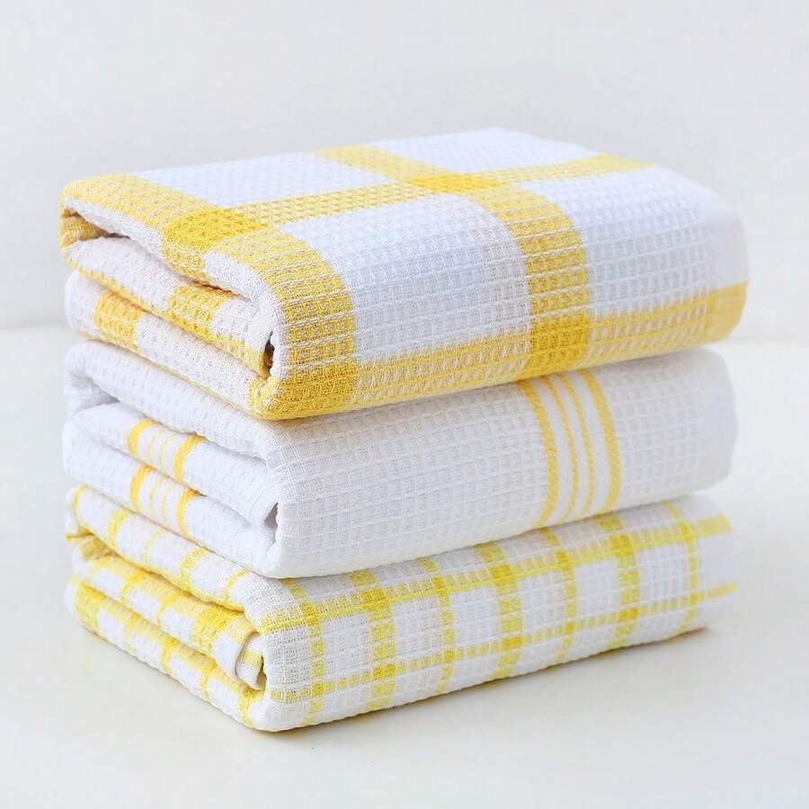 3pcs Plaid Kitchen Towel Set, For Drying Utensils And Kitchen Cleaning - Yellow Grid - View 1