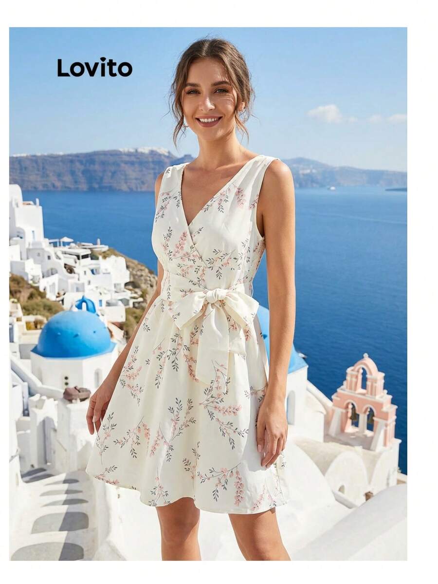Lovito Elegant Floral Ruched Summer Dress For Women, Stylish Casual Party Knot Embroidery Openwork Fabric, Perfect For Holidays And Beaches - Nhiều màu - Xem 1