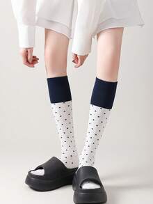 1 par de calcetines altos hasta la rodilla de mujer a lunares con color contrastante, dulces y versátiles, calcetines suaves - Multicolor - Ver 10