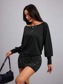 春夏女士优雅黑色连衣裙，时尚街头风性感设计，露背性感迷你紧身连衣裙，镶钻长袖紧身迷你连衣裙，适合单身派对、返校、夜间外出、假日聚会、派对庆典等场合，女士户外黑色连衣裙 - 黑色 - 查看 5