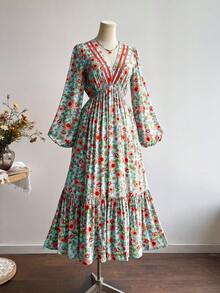 Rusttydustty 复古碎花泡泡袖V领长款连衣裙，波西米亚风度假装，长款碎花设计，适合新年、情人节及其他场合。 - 青碧色 - 查看 4