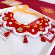 可爱新年宠物珍珠流苏手工幸运符领结头巾，适合小猫小狗庆祝节日的拍照道具礼物 - 紅色 - 查看 8