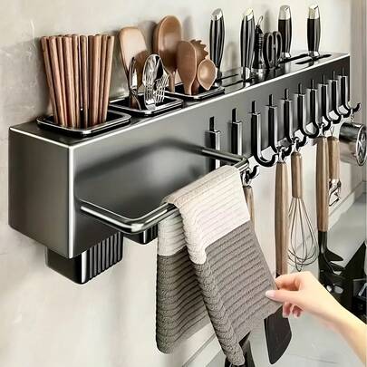 1pc Multifunctional Thick Wall-Mounted Kitchen Storage Rack - Heavy-Duty Carbon Steel Knife Holder, Professional Japanese-Style Knife Storage Rack, No-Drill Installation, Suitable For Home And Restaurant To Store Knives, Tableware And Cutting Boards, Space-Saving Design, Equipped With ABS Hooks, Chopstick Rack And Towel Rack, Suitable For Home Or Camping Use
