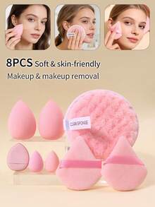 8pcs Pink Multi-Functional Makeup Sponge Set - 2 Powder Puffs, 2 Mini Air Cushion Puffs, 2 Makeup Sponge, 2 Mini Makeup Sponge, 1 Large Facial Cleansing Pad, Makeup Tools - Baby Pink - View 9