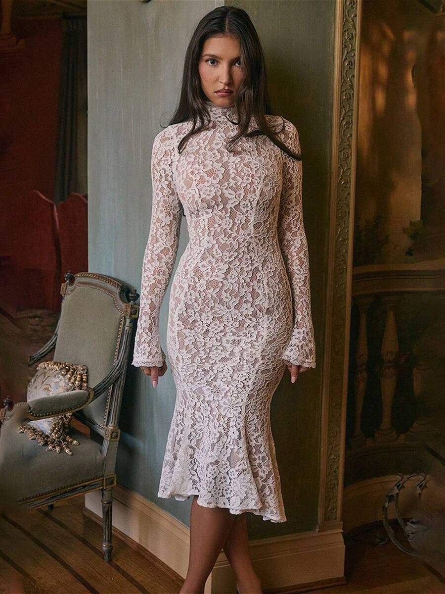 Dress Vestidos Elegantes De Mujer Vestidos De Mujer Elegantesdresses For Women Long Dresses For Women Vestidos Elegantes De Mujer New Hip-Wrapped Medium And Long Dress, Lace Long-Sleeved Crew Neck Fishtail Slim-Fitting Dress - trắng - Xem 1