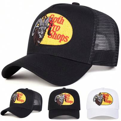 1pc Men's Goth Pro Shops Trucker Hat, Personalized Letter & Goat Head Embroidery Baseball Cap, Streetwear Mesh Hat, Outdoor Sun Protection Casual Hat, Suitable For Spring, Autumn, Travel, Beach
