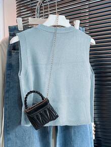 V-Neck Contrast Color Floral Embroidery Single-Breasted Casual Knit Vest, Spring/Summer - Light Wash Blue - View 2