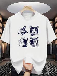 Camiseta de 100% Algodón para Hombre - Manga Corta Blanca Estampada Patrón de caras de gatos impreso Cómoda y Suave para la Piel, Fácil de Lavar, Estilosa y Versátil - Blanco - Ver 1