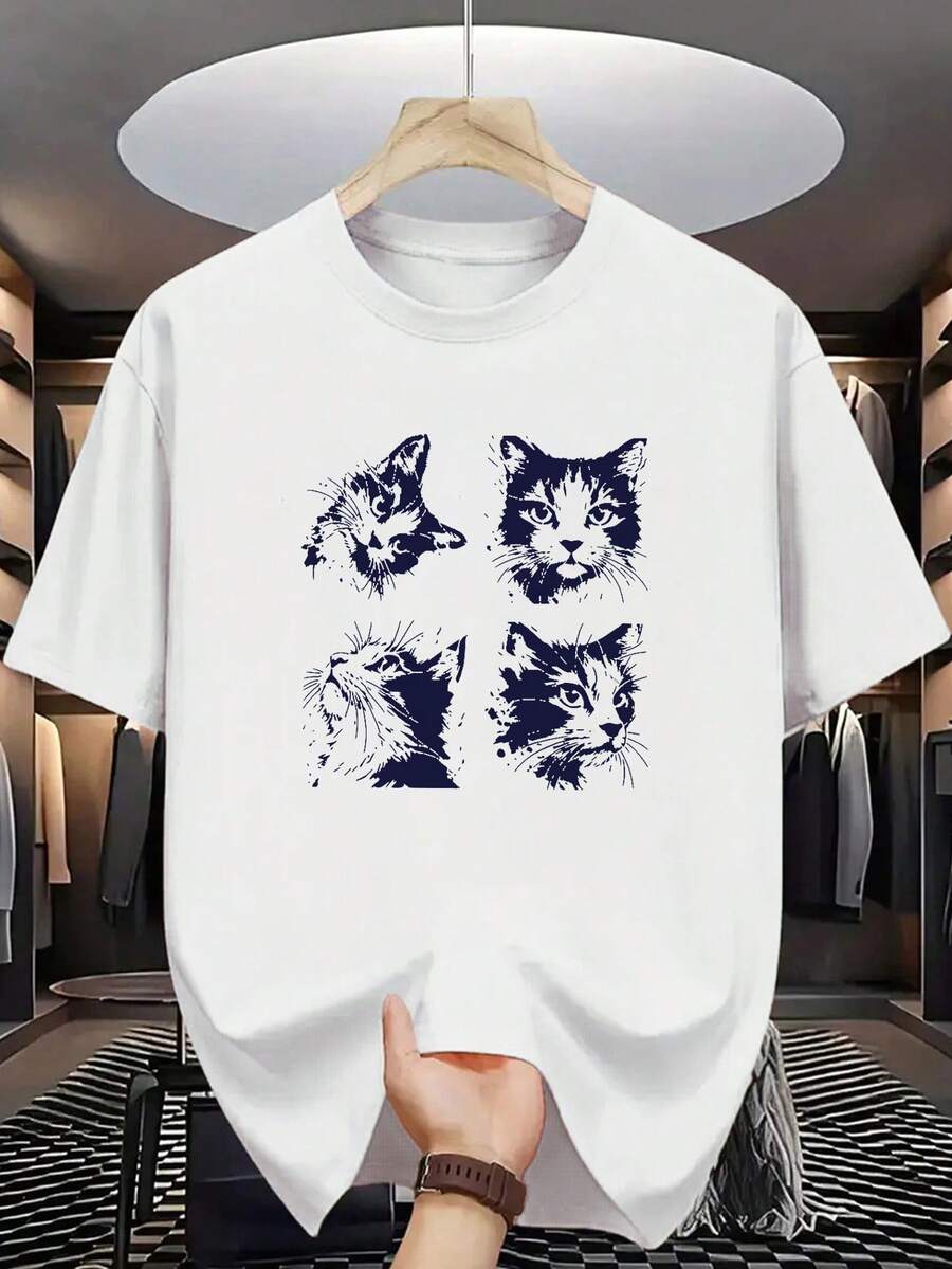 Camiseta de 100% Algodón para Hombre - Manga Corta Blanca Estampada Patrón de caras de gatos impreso Cómoda y Suave para la Piel, Fácil de Lavar, Estilosa y Versátil - Blanco - Ver 1