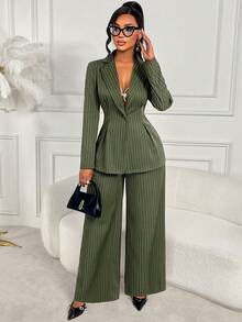 AIJ Amarilo Women's Autumn/Winter Lapel Padded Shoulder Striped Jacket And Wide Leg Pants With Pockets Suit 2 Pieces Set, Army Green, Suitable For Office Business Formal, Commute, Daily, Holiday Matching Set - Green - View 7
