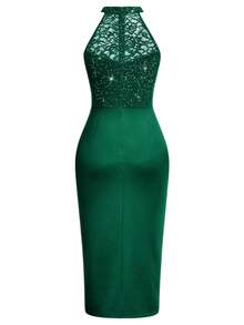 MIUSOL Elegant Women's Halter Neck Sleeveless Sequin Lace Satin Bodycon Midi Dress, Ruched Fitted Design With Side Slit For Formal Wedding, Evening,Dating - 墨綠色 - 查看 9