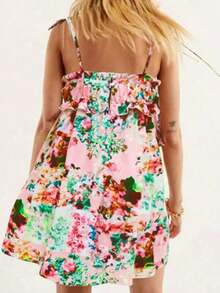 Vestido de tirantes de verano con estampado floral de pintura al óleo, lazo, suelto y transpirable para salidas a la playa, estilo dulce y picante - Rosa - Ver 2