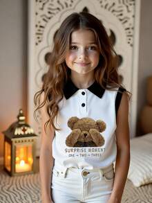 女童经典假日风高领上衣，可爱棕熊图案，简约印花，新款夏季女童无袖衬衫 - 白色 - 查看 6