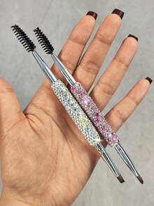 1支双头眉刷，奢华水钻斜角眉眼两用刷，自然卷翘螺旋睫毛刷，旅行便携眼部彩妆刷（适用于液体和粉状产品），礼品 - 彩色 - 查看 8