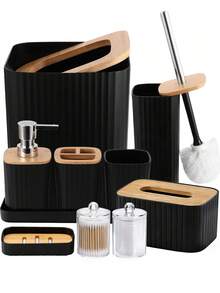Bathroom Accessories Set, 10-Piece Bathroom Set, Black Bathroom Accessories With Slim Trash Can, Soap Dispenser, Toilet Brush, Toothbrush Set, Qtip Holders Vanity Tray Tissue Box Cover - Multicolor - View 4