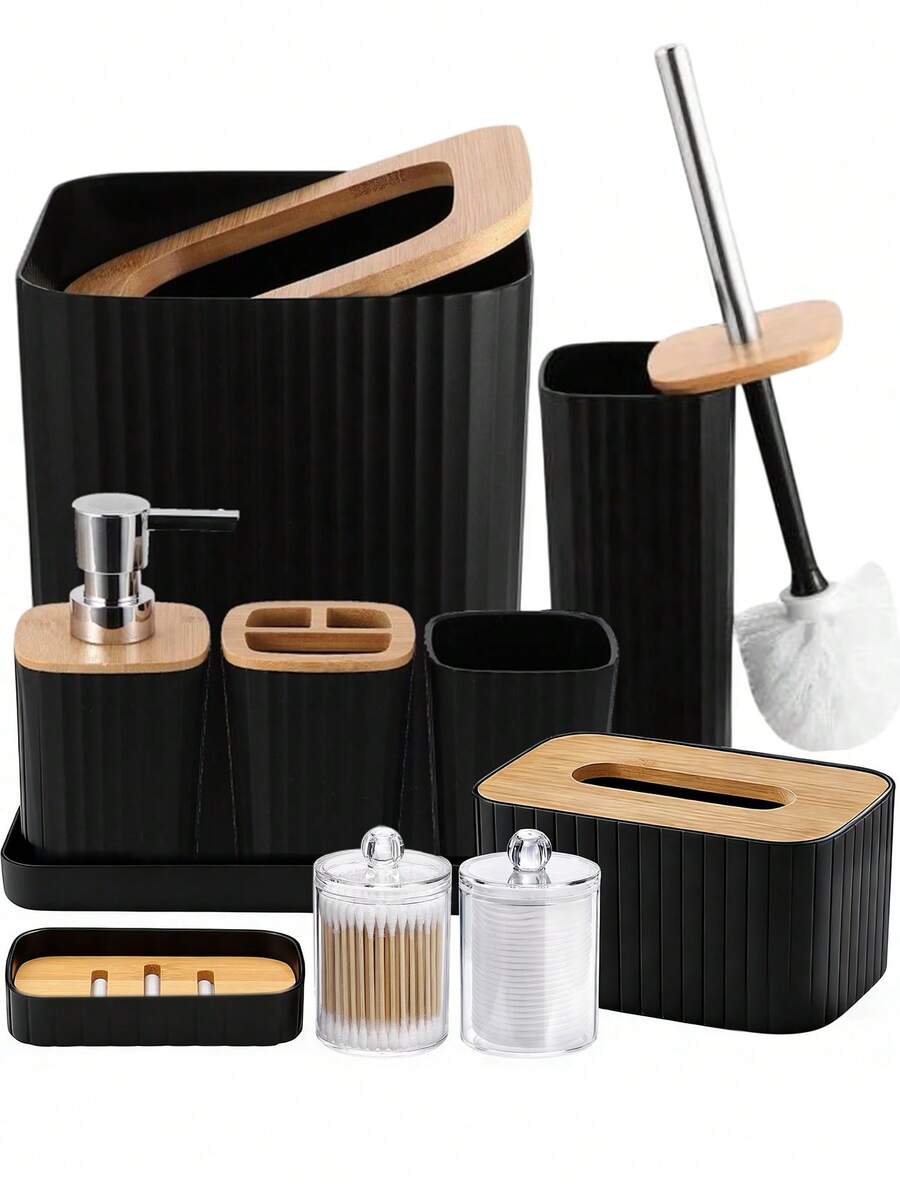 Bathroom Accessories Set, 10-Piece Bathroom Set, Black Bathroom Accessories With Slim Trash Can, Soap Dispenser, Toilet Brush, Toothbrush Set, Qtip Holders Vanity Tray Tissue Box Cover - 彩色 - 查看 1