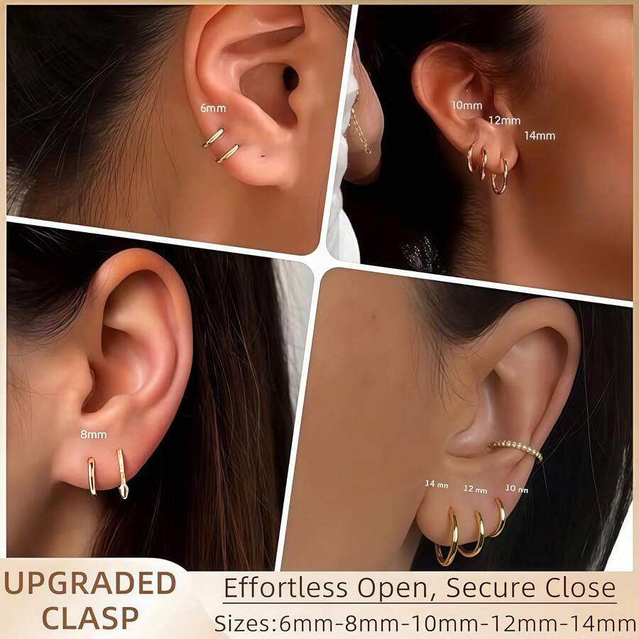 5 套女士金/银圆形耳环 - 18K 镀金圆形耳环套装。轻盈简约的小圆耳环，具有防过敏特性，厚实而轻巧。时尚、优雅、轻盈精致的女士珠宝礼品（5 套/6mm-8mm-10mm-12mm-14mm） - 彩色 - 查看 1