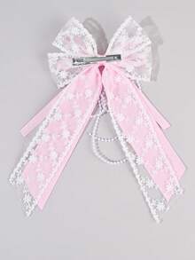 1件薄纱优雅丝带发夹，白色粉色蕾丝鳄鱼夹蝴蝶结发夹，珍珠花朵刺绣发卡，甜美发饰，适合女孩、青少年，可作为婚礼、情人节礼物 - 彩色 - 查看 4