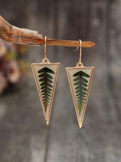 Transparent Triangle Green Leaf Pattern Pendant Earrings, Vintage Minimalist Style Alloy Jewelry, Holiday Earrings