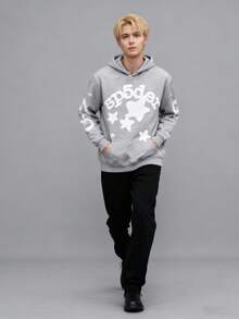 Men's Y2K Hoodie Hip Hop Spider Web Lettering Printed Sweatshirt - Star Gray - View 4