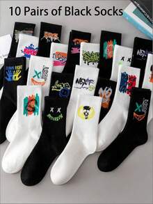 10-Pack Unisex Spring & Summer Mix-And-Match Black & White Graffiti Street Style Casual Socks – , Minimalist, Versatile Mid-Calf Socks For Couples - Multicolor - View 18