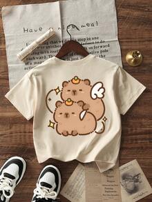 Camiseta de manga corta con cuello redondo y estampado casual para niñas preadolescentes, top de verano - Albaricoque - Ver 4