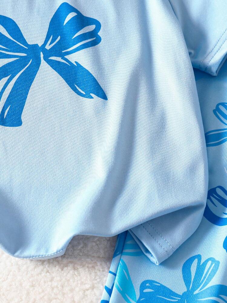 This Elegant And Sweet 2-Piece Summer Pajama Set Is Designed For Fashionable Girls, Including A Short Sleeve Top With Bow Print And Long Pants With Colorful Bow Pattern, Creating A Princess Style Look, Suitable For Spring/Summer Home Leisure, Vacation, Valentine's Day And Daily Wear. - Baby Blue - View 6