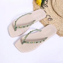 Faux Pearl Encounter Beach, Rivet Flip Flops For Lazy Summer Days - Olive Green - View 13