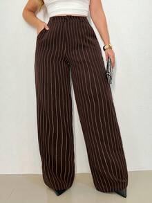 A&DD MODA, REF: H932 (PLUS SIZE) - Women's Plus Size Striped Pants, Stylish Plus Size, High Waist, Wide Leg, Elegant, Casual, Formal, Lightweight, Modern, Comfortable, Women's Pants, Lightweight Fabric, Striped Print, Simple Look, Versatile, High Quality ✨ - 巧克力棕 - 查看 1