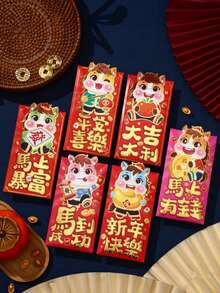 6pcs/Set Chinese New Year Red Envelopes, Cartoon Horse Pattern Self-Sealing Paper Pockets, Suitable For Lunar New Year, Year Of The Horse Red Packets, Lucky Cash Gifts