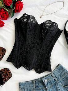 European And American Young Vacation Sexy Avant-Garde Off-The-Shoulder Lace Double-Layer Fitted Corset Bustier Top, INS White Hollow Embroidered Shapewear, Ate Night Outfits Women Tops For Going Out, Wedding Guest Dress Women Fall Women Clothes,Sexy Top - màu đen - Xem 4