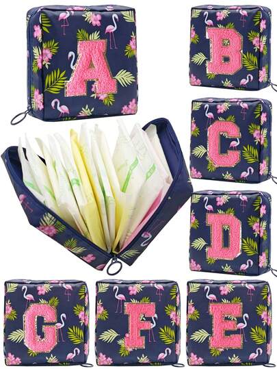 Portable Sanitary Napkin Storage Bag, Navy Blue Storage Pouch, Embroidered Rose Red Letter Stickers A-Z, Women's Menstrual Sanitary Napkin Bag, Multi-Functional Travel Storage Bag, Waterproof Storage Bag, Travel Toiletry Bag, Can Store Lipstick, Makeup Brushes