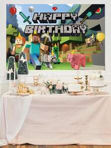 Minecraft 100*150厘米/80*120厘米/150*210厘米摄影背景布：游戏主题生日派对拍照背景。像素背景矿工生日标志、村民、游戏主题生日派对装饰。电子游戏主题装饰横幅。游戏粉丝背景图片。 - 彩色 - 查看 1